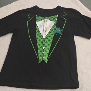 Kids Black Short-Sleeve Tee with Green Shamrock Tuxedo Print